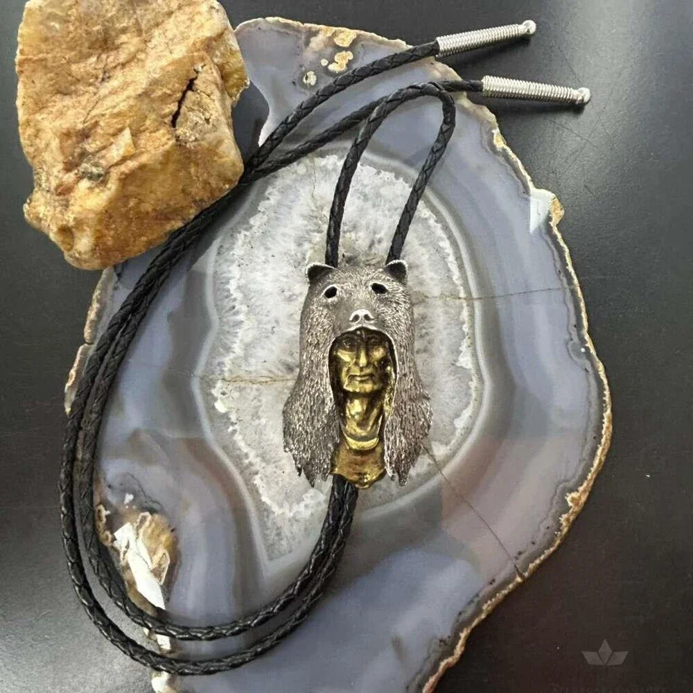 Sid Bell Tully NY Bronze & Puter Man Inside Bear Decorated Bolo Tie For Men